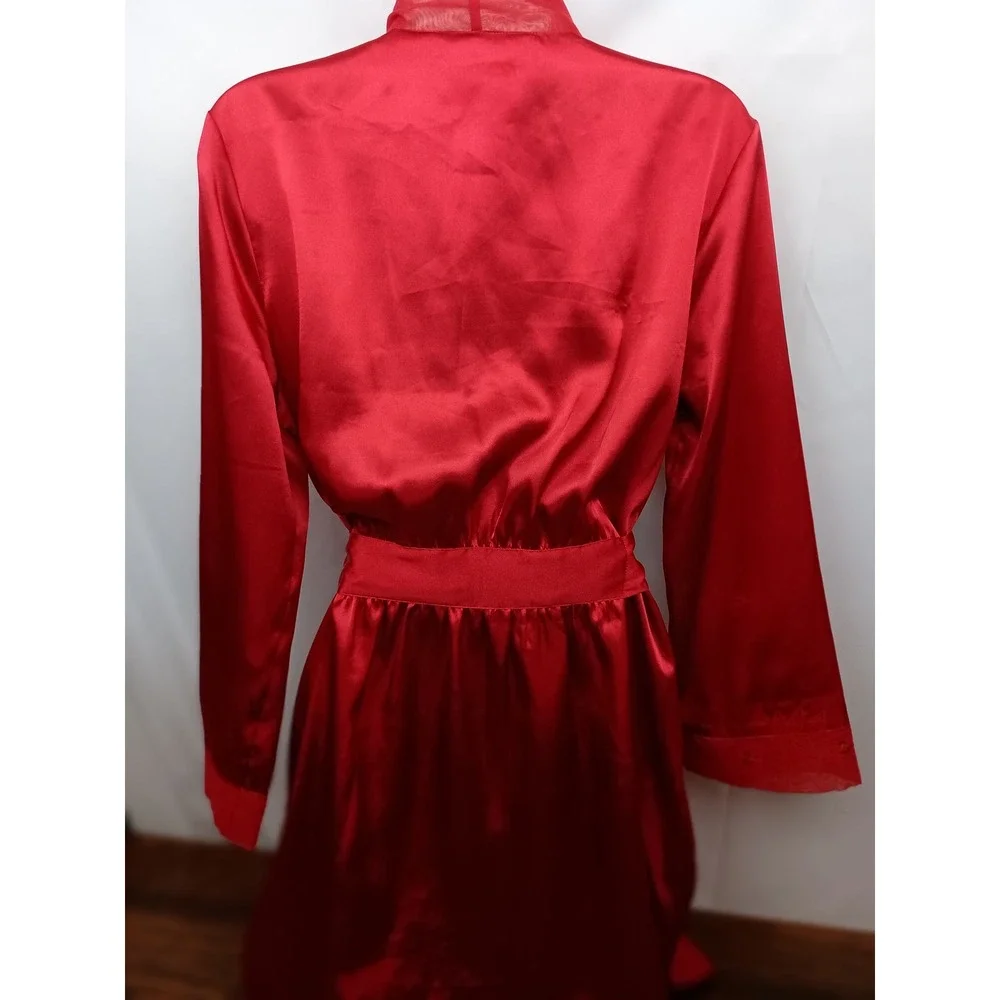 vintage S Red satin belted luxury lace‎ robe valentines date night loungewear